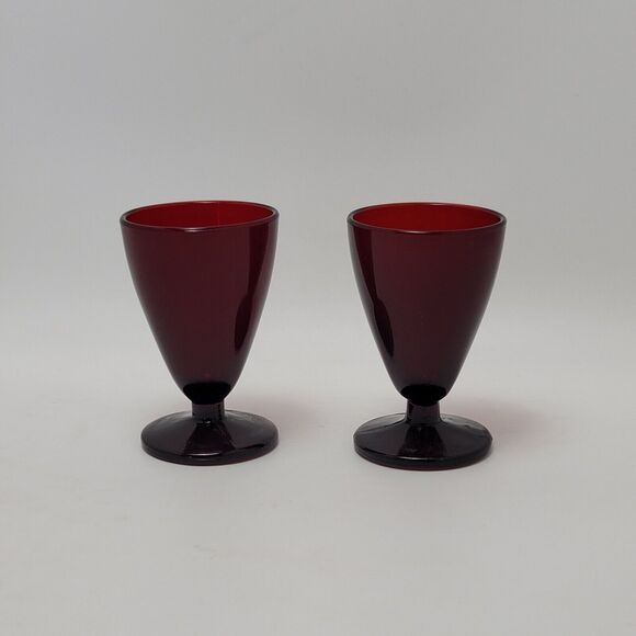 Vintage Anchor Hocking 2 Royal Ruby Red Cordial Shot Footed Wine Glasses Barware - Picture 1 of 9